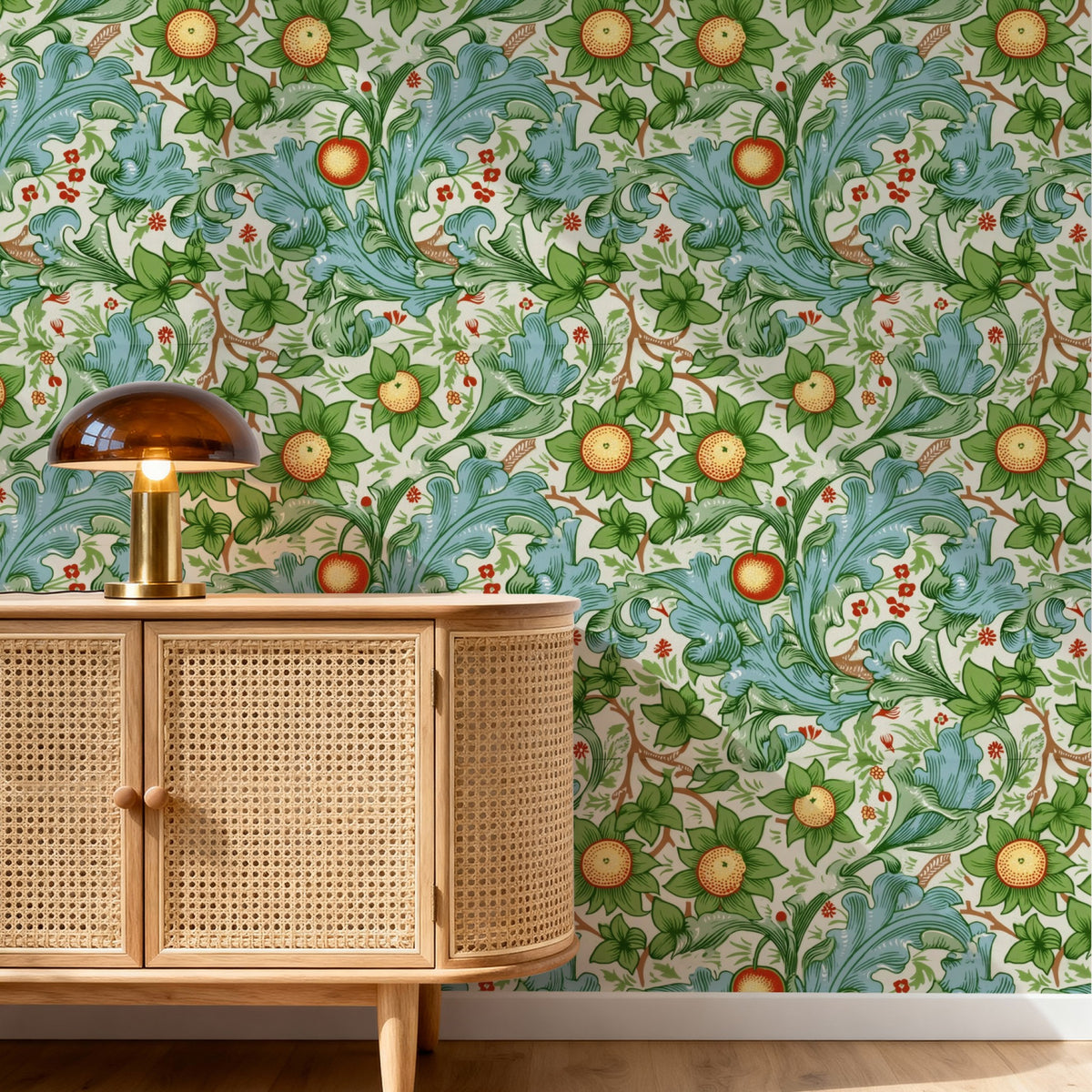 William Morris Orchard Ivory wallpaper on a wall — Pattern 20 scene