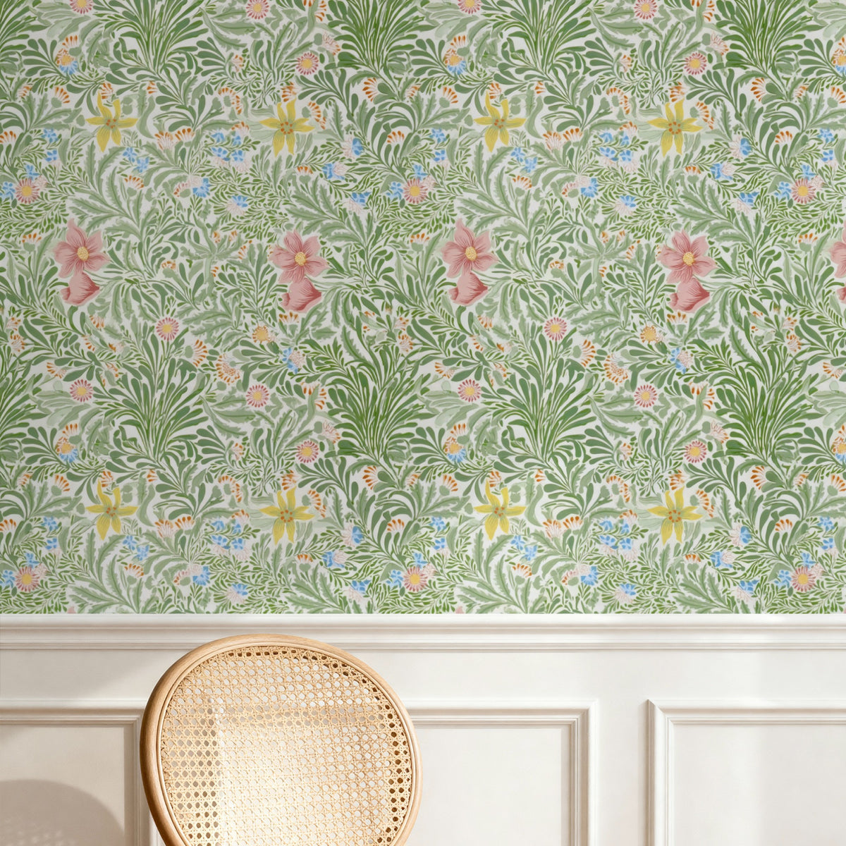 William Morris Bower Green wallpaper on a wall — Pattern 24a scene