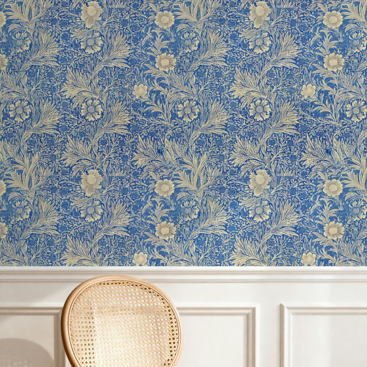 William Morris Marigold Blue wallpaper on a wall — Pattern 24a scene