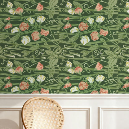 William Morris Sweet Pea Green wallpaper on a wall — Pattern 24a scene