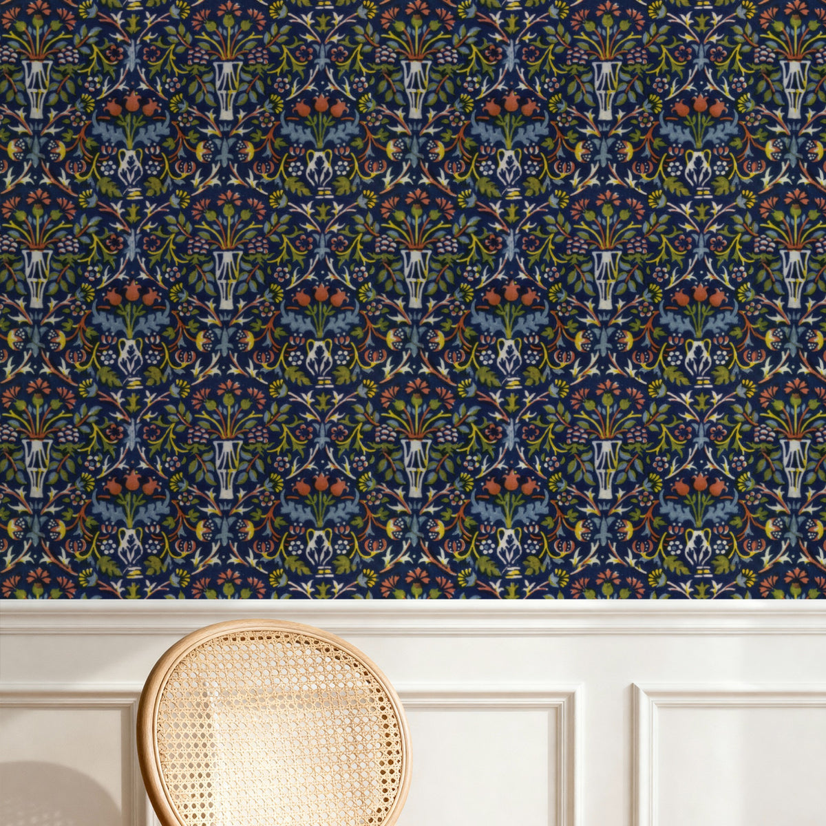 William Morris Flower Pot Navy wallpaper on a wall — Pattern 24a scene