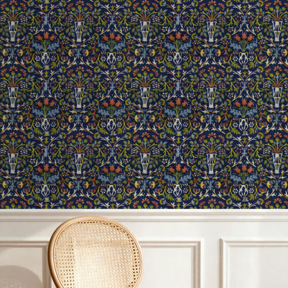 William Morris Flower Pot Navy wallpaper on a wall — Pattern 24a scene