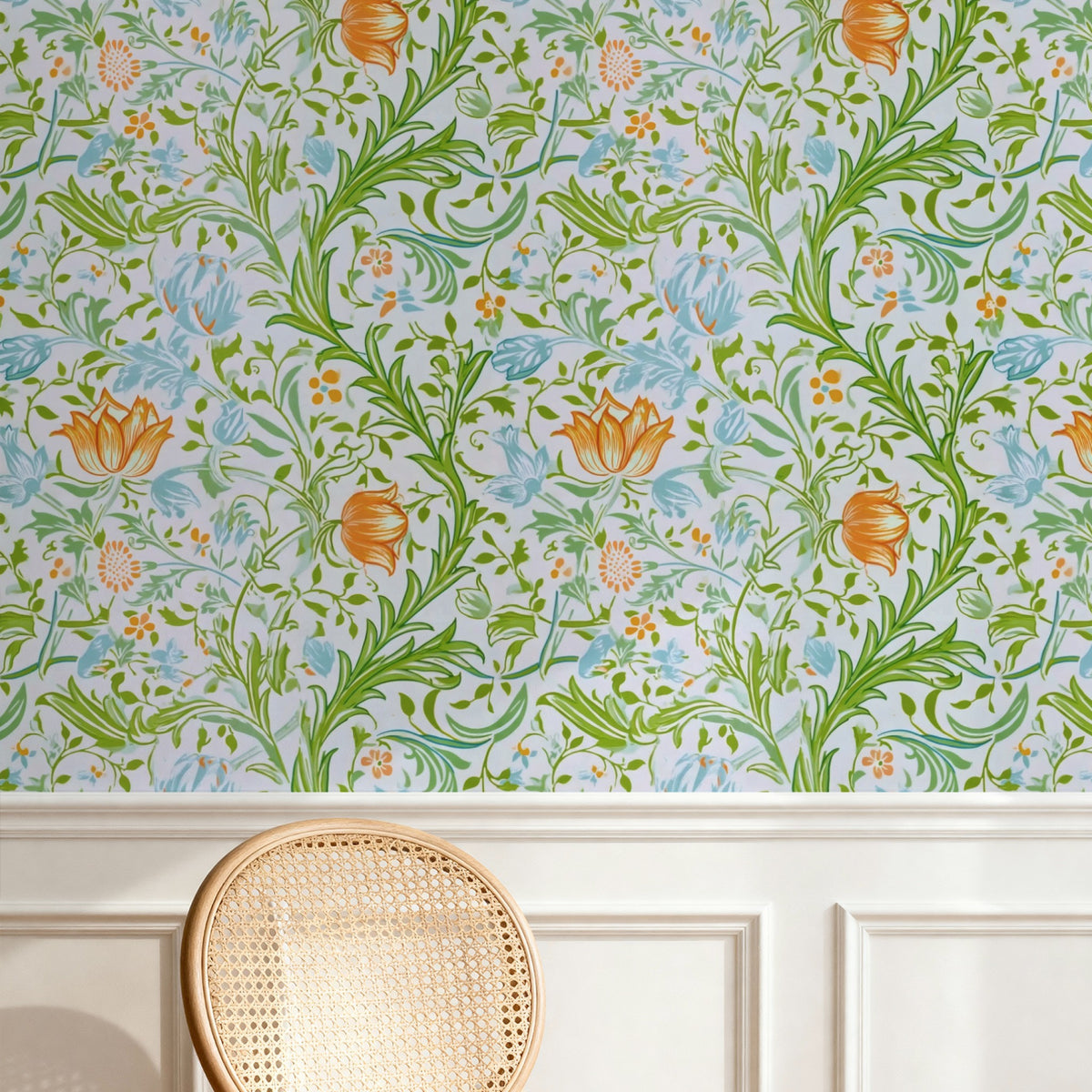 William Morris Flora Aqua wallpaper on a wall — Pattern 24a scene