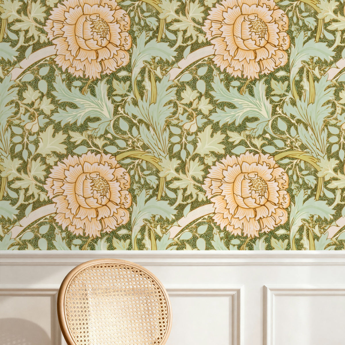 William Morris Norwich Moss wallpaper on a wall — Pattern 24a scene