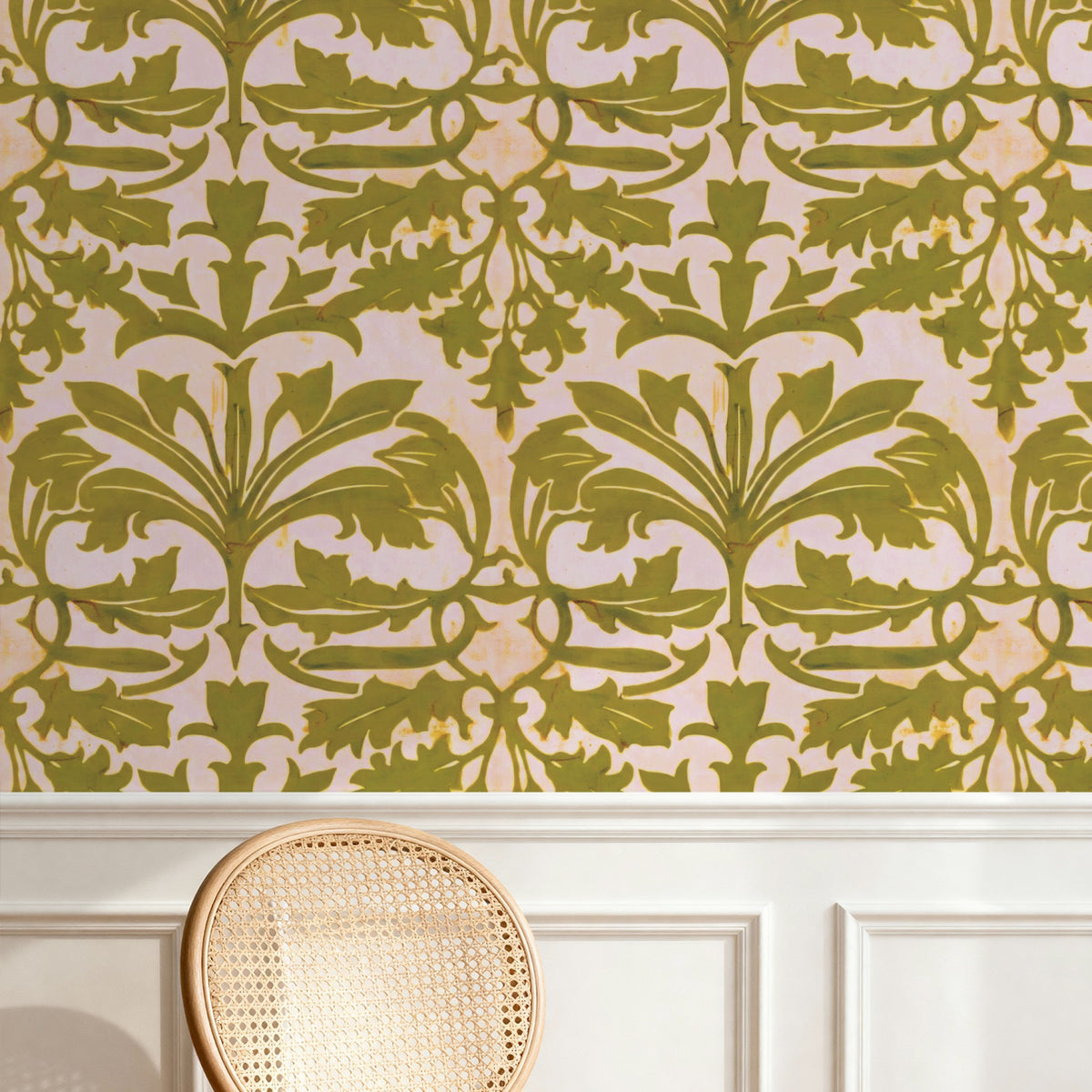 William Morris St James Ceiling Olive wallpaper on a wall — Pattern 24a scene