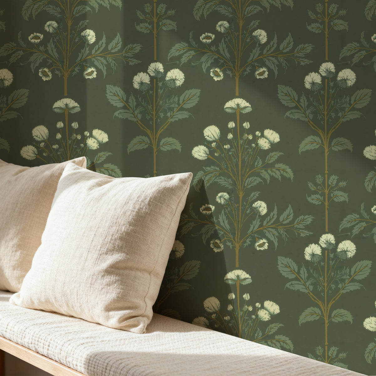 William Morris Meadow Sweet Green wallpaper on a wall — Pattern 24b scene