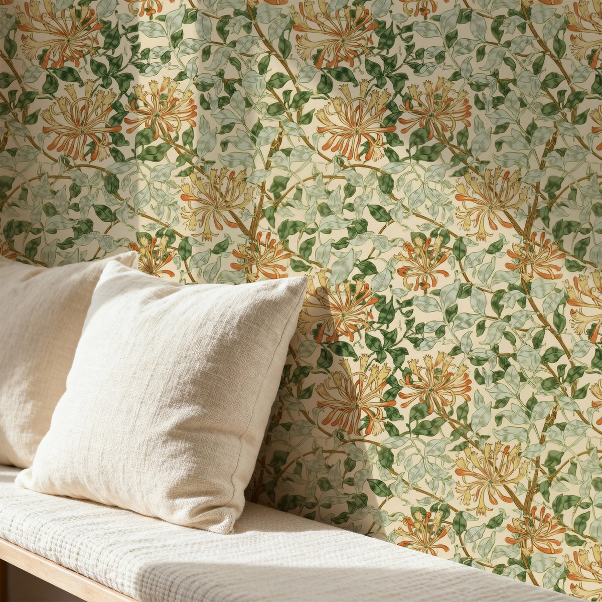 William Morris May Honeysuckle Ochre wallpaper on a wall — Pattern 24b scene