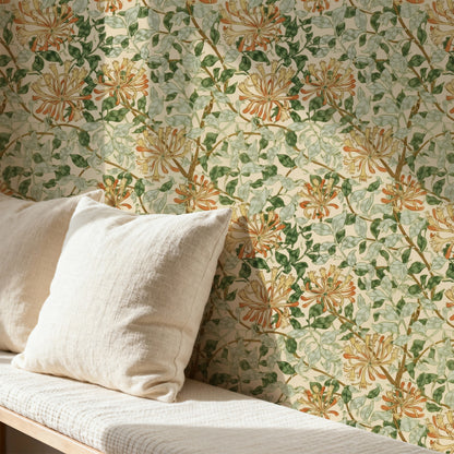 William Morris May Honeysuckle Ochre wallpaper on a wall — Pattern 24b scene