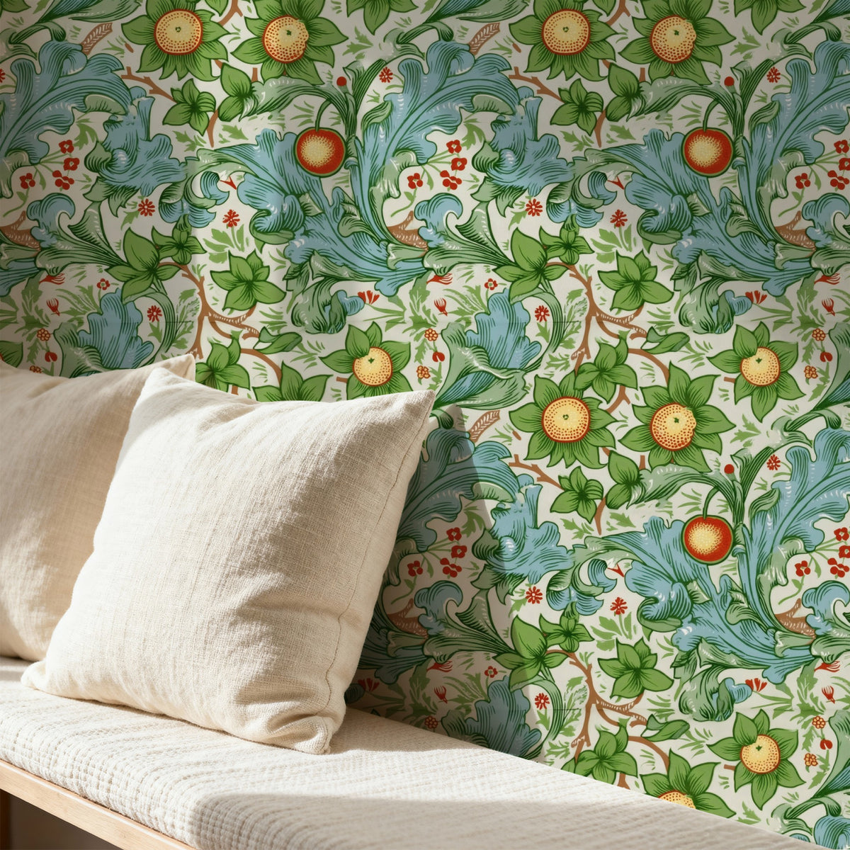 William Morris Orchard Ivory wallpaper on a wall — Pattern 24b scene