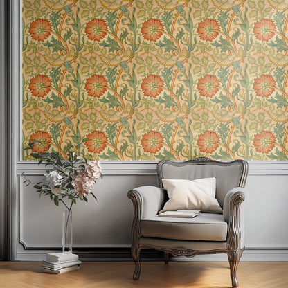 William Morris Pink And Rose Gold wallpaper on a wall — Plant Chair below wall scene