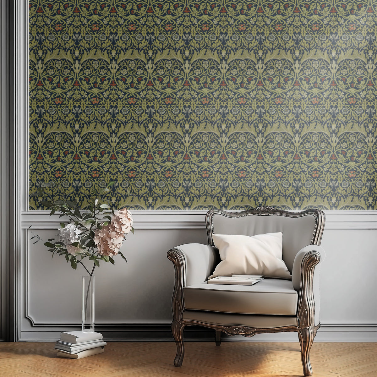 William Morris Campion Navy wallpaper on a wall — Plant Chair below wall scene
