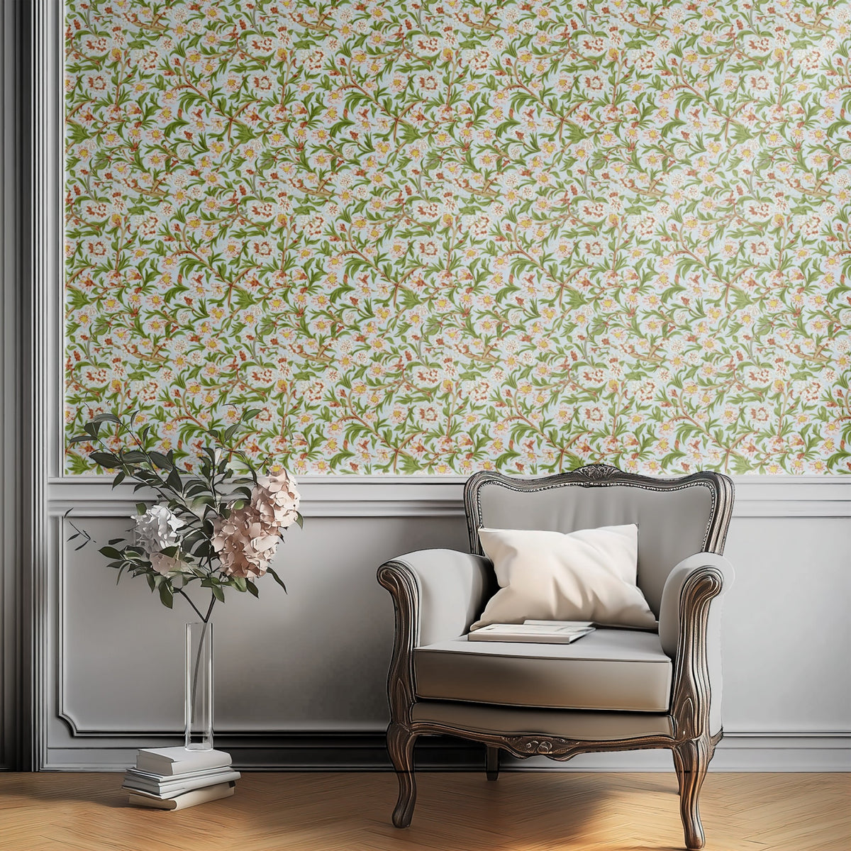William Morris Blossom Sky wallpaper on a wall — Plant Chair below wall scene