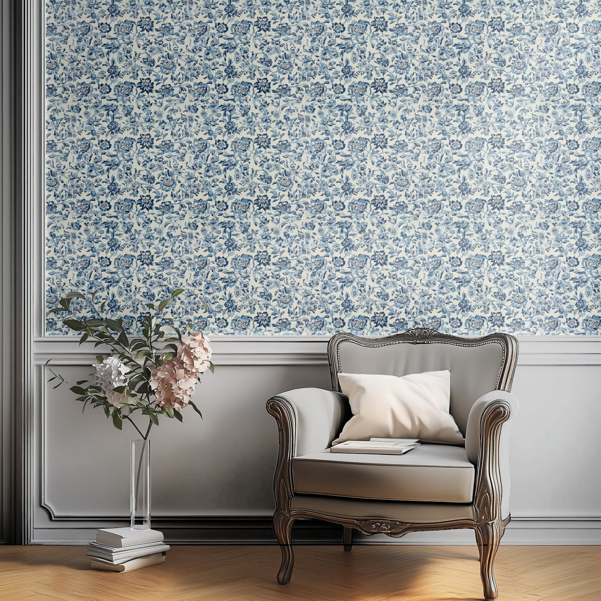 William Morris Loop Trail Delft wallpaper on a wall — Plant Chair below wall scene