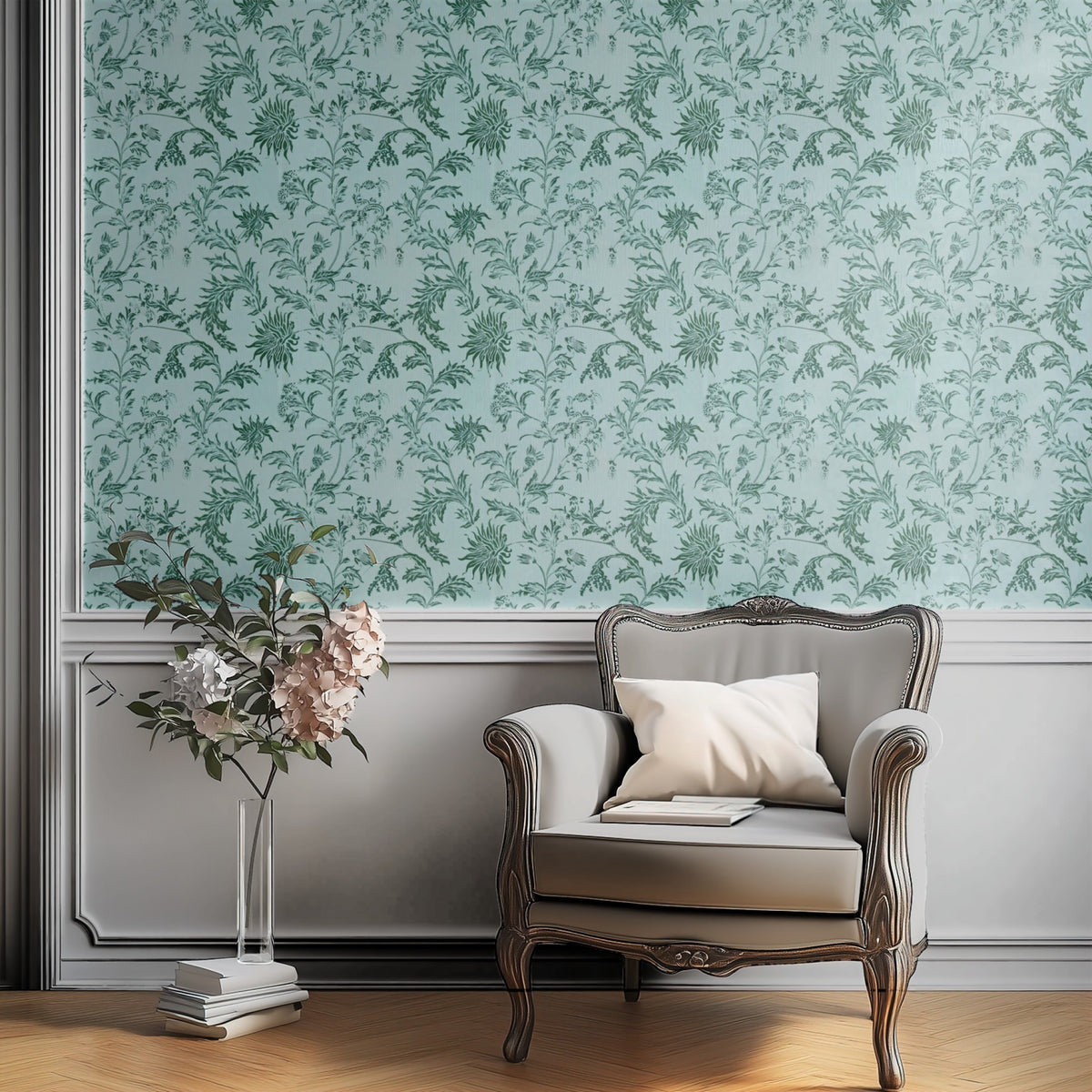 William Morris Spray Duck Egg wallpaper on a wall — Plant Chair below wall scene