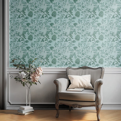 William Morris Spray Duck Egg wallpaper on a wall — Plant Chair below wall scene