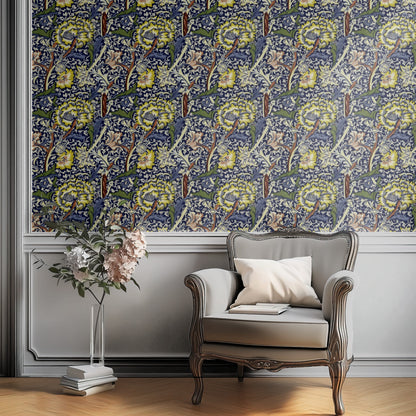 William Morris Wandle Navy wallpaper on a wall — Plant Chair below wall scene