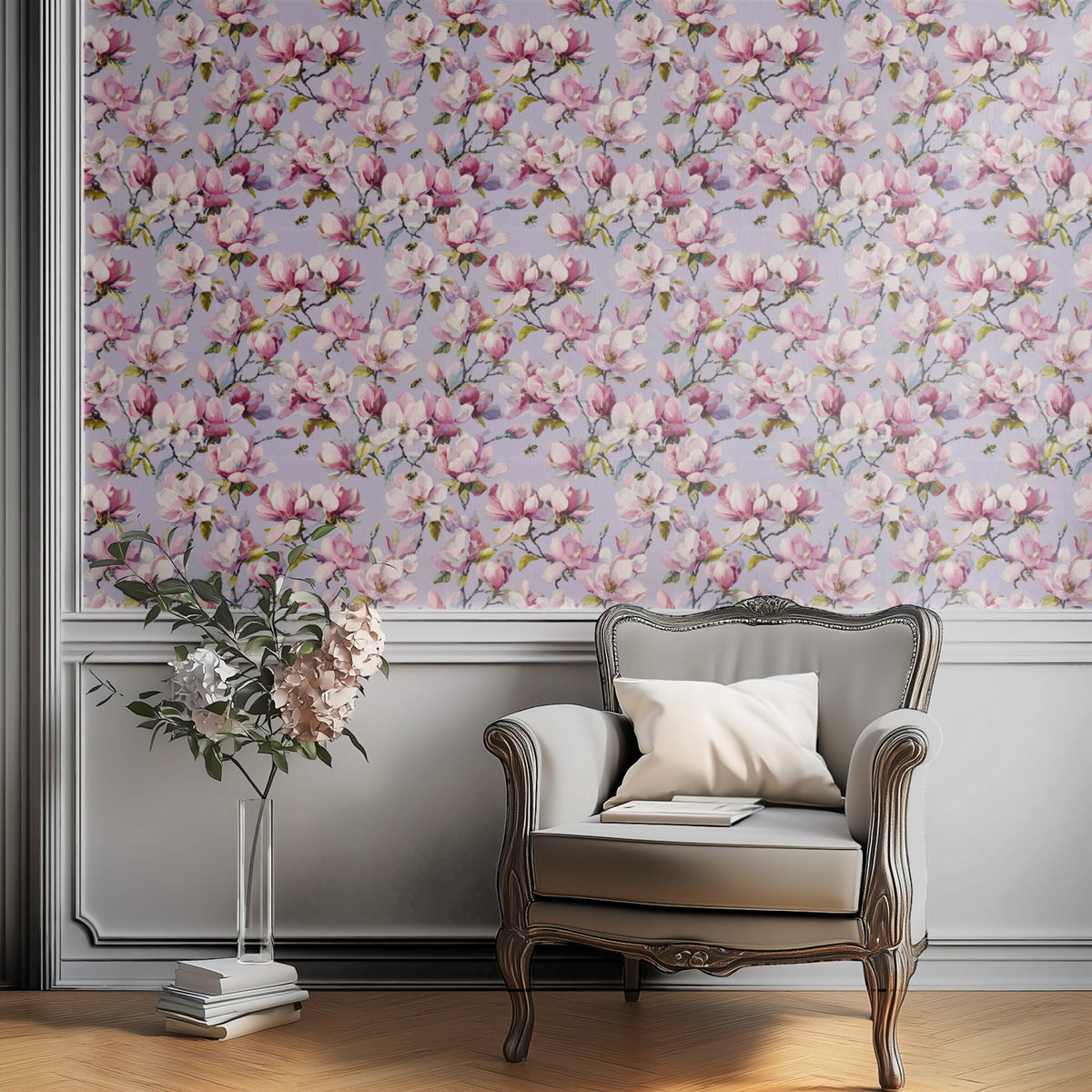 Bumble Magnolia wallpaper shown on a wall — Plant Chair below wall scene