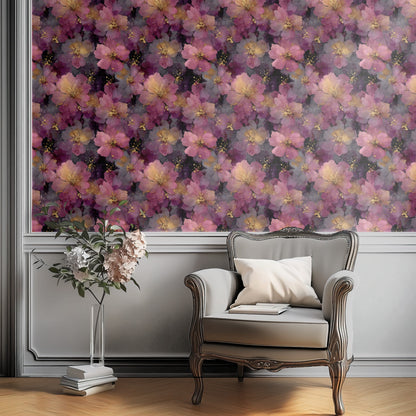Midnight Blossom wallpaper shown on a wall — Plant Chair below wall scene