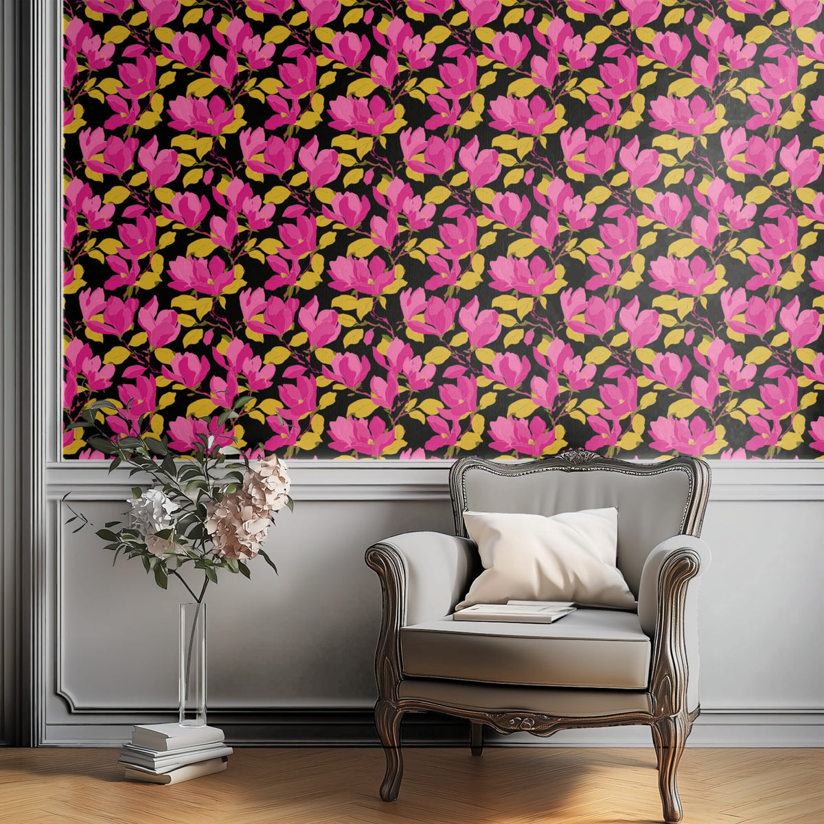 Fuchsia Magnolia wallpaper on a wall — Plant Chair below wall scene