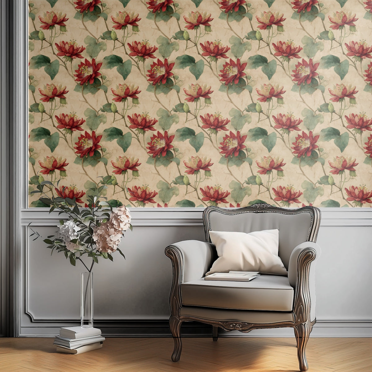 Scarlet Bloom wallpaper on a wall — Plant Chair below wall scene