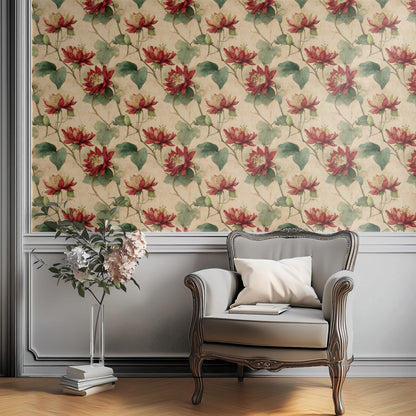 Scarlet Bloom wallpaper on a wall — Plant Chair below wall scene