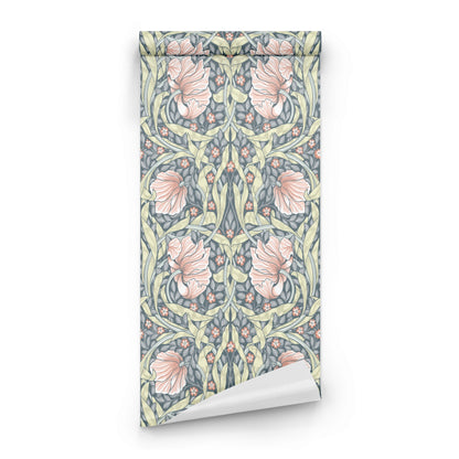 Blue Floral Wallpaper roll close-up showing the pimpernel drawing in close soft dusty pink Morris detail