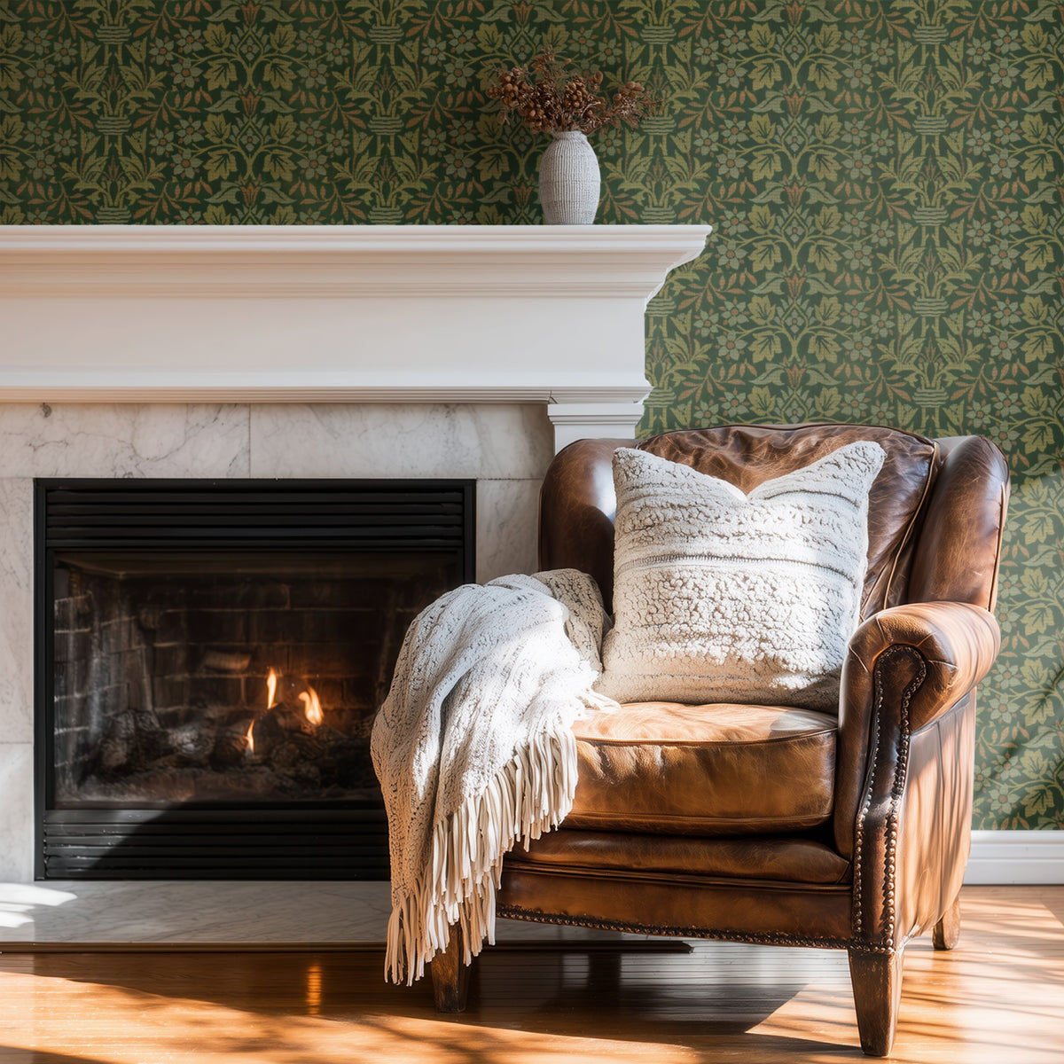 William Morris Flower Garden Green wallpaper on a wall — Wingback chair by fire scene