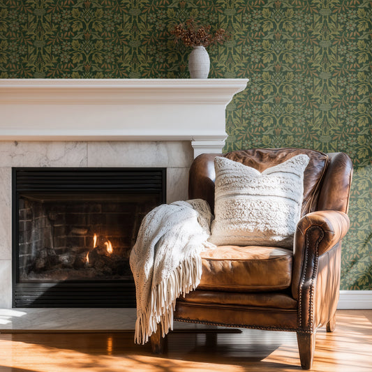 William Morris Flower Garden Green wallpaper on a wall — Wingback chair by fire scene
