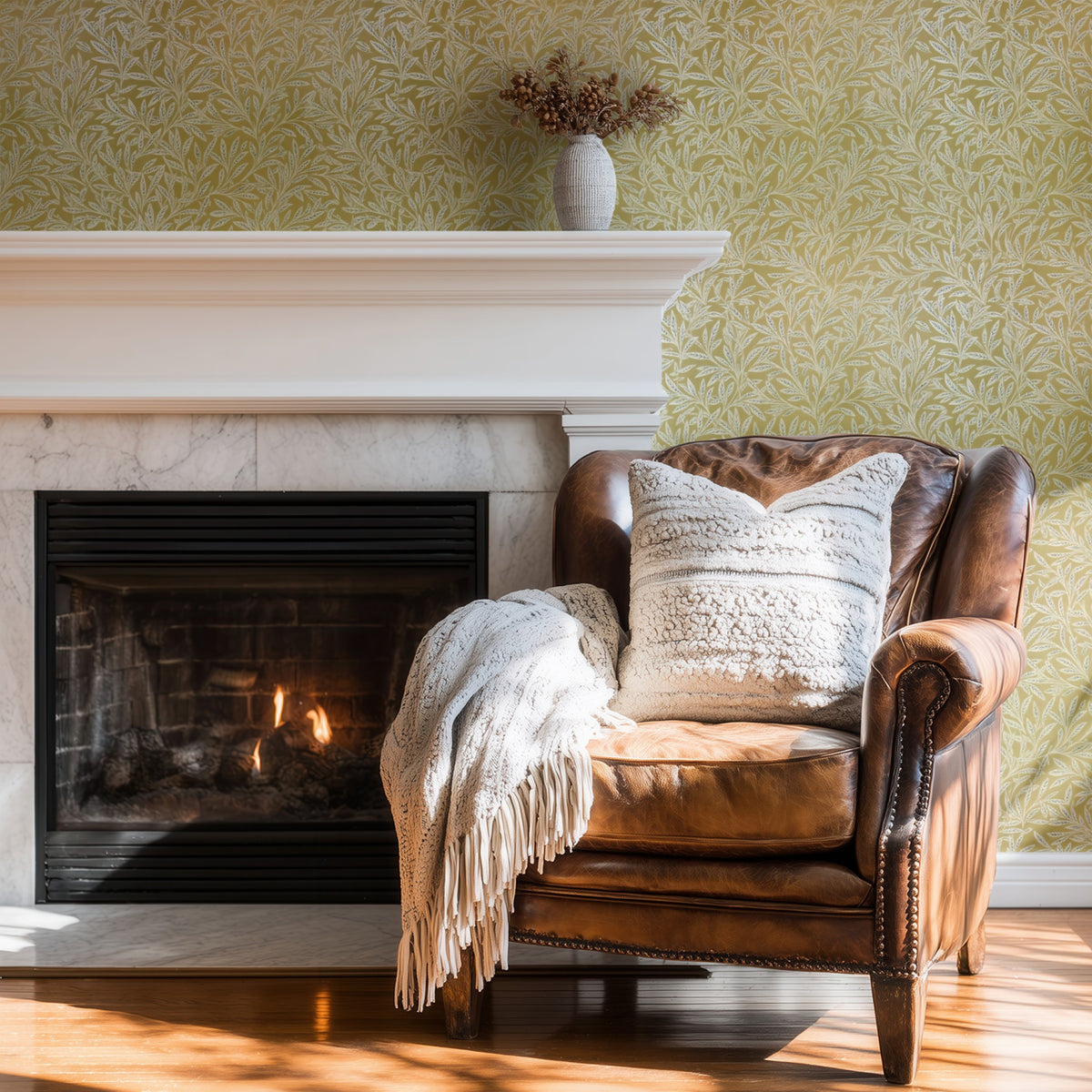 William Morris Willow Gold wallpaper on a wall — Wingback chair by fire scene