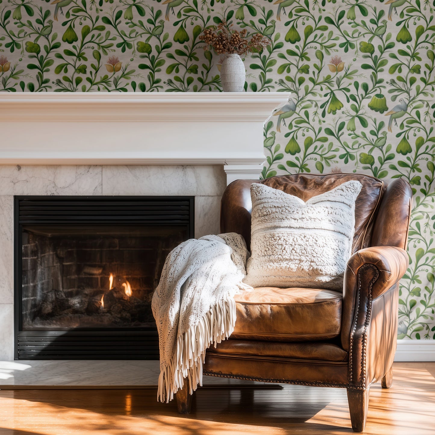 Garden Folk wallpaper on a wall — Wingback chair by fire scene