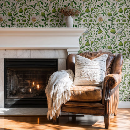 Garden Folk wallpaper on a wall — Wingback chair by fire scene