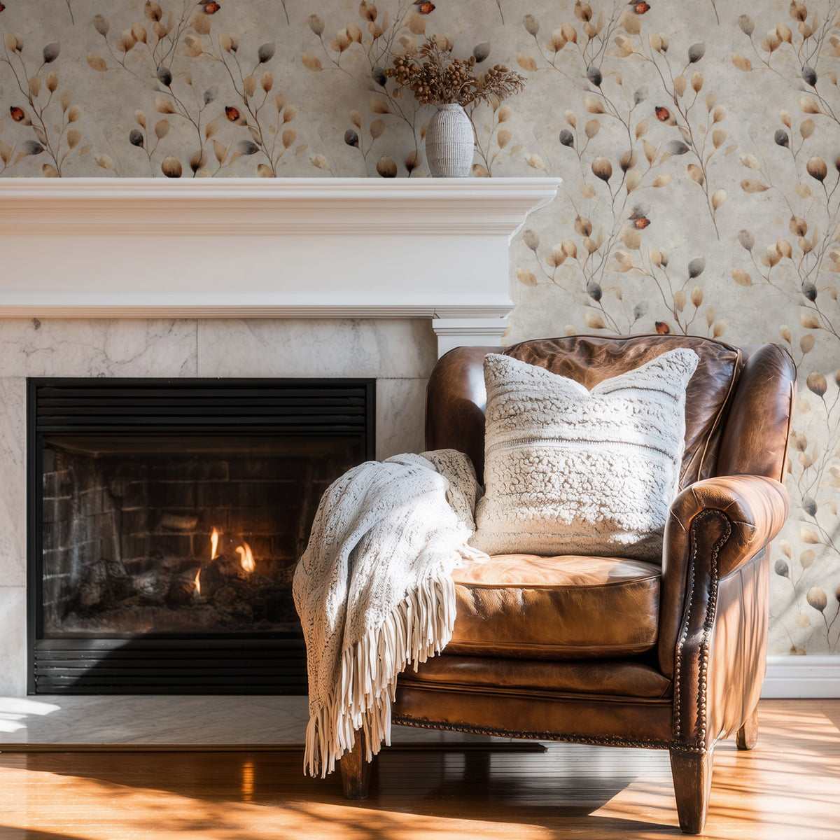 Ladybird Sprigs wallpaper on a wall — Wingback chair by fire scene