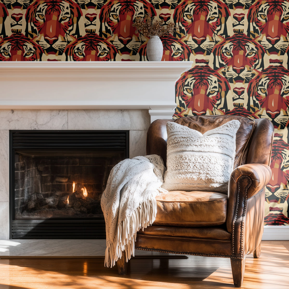 Tiger Grid wallpaper on a wall — Wingback chair by fire scene