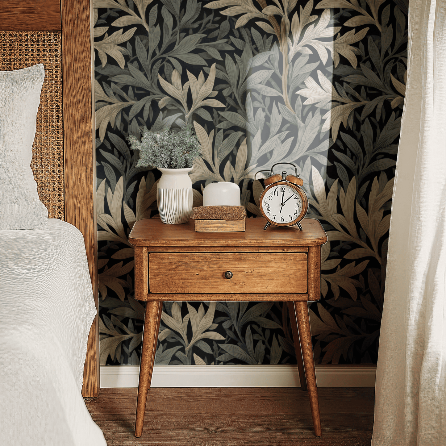 Grey Botanical Wallpaper shown in a second room with the moonlit willow reading as quietly atmospheric Arts and Crafts decoration