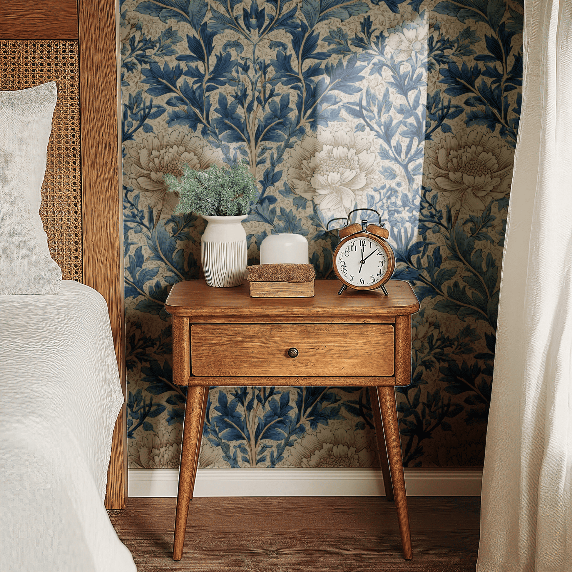 Blue Cream Floral Wallpaper shown in a second interior with the indigo peonies reading as quietly traditional botanical decoration
