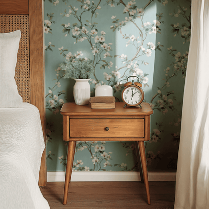 Blue Floral Wallpaper shown in a second interior with the watercolor florals reading atmospheric and the aqua palette supporting bedroom rest