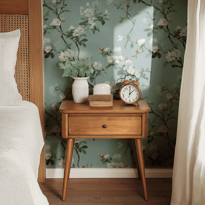 Green Floral Wallpaper shown in a second room with the winter blooms reading as quietly soft seasonal decoration