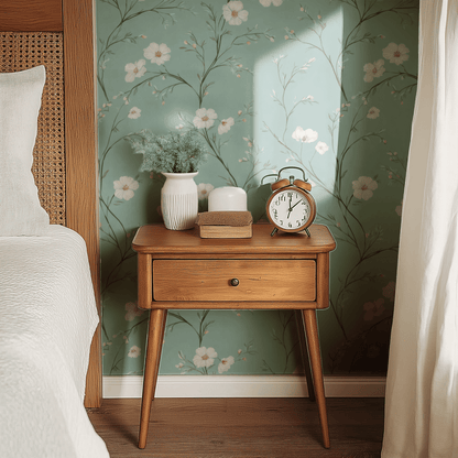 Green Floral Wallpaper shown in a second interior with the mint cosmos reading as fresh cottage-style decoration