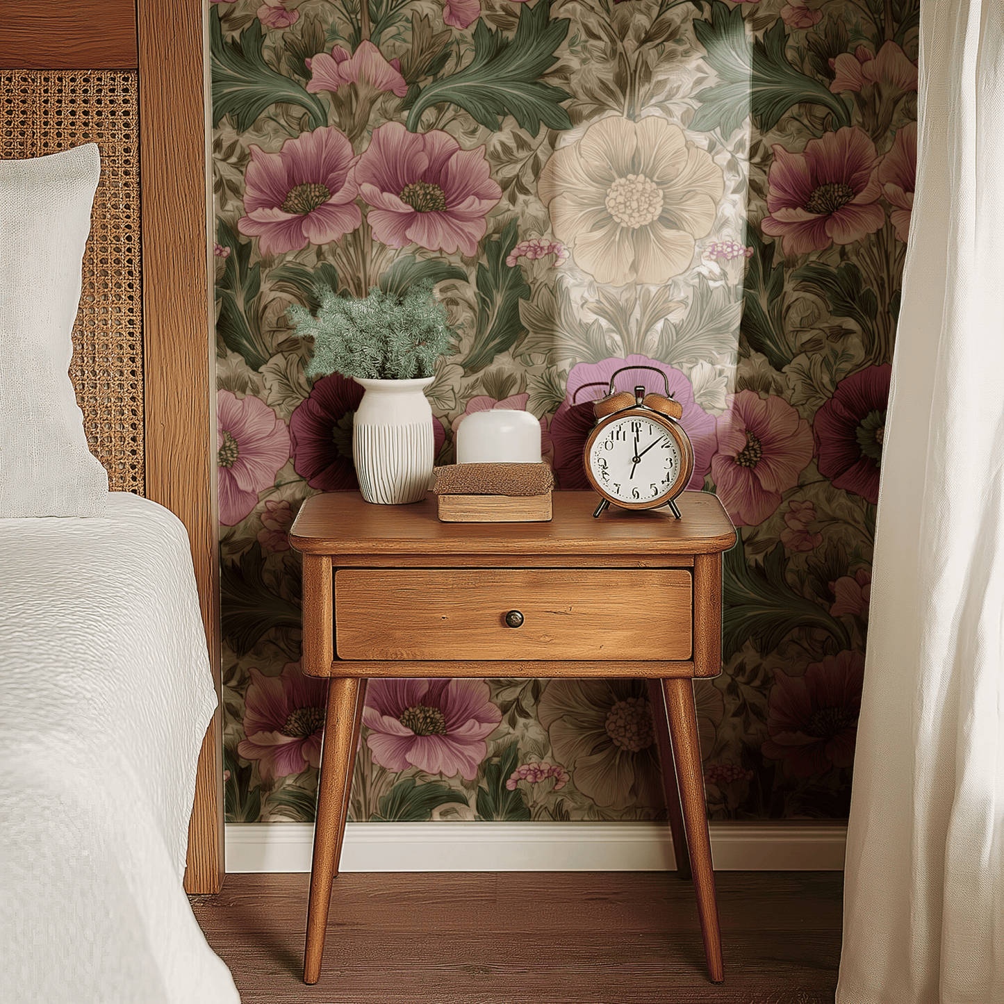 Neutral Floral Wallpaper installed on a room wall with Arts and Crafts poppy florals in soft magenta Victorian palette