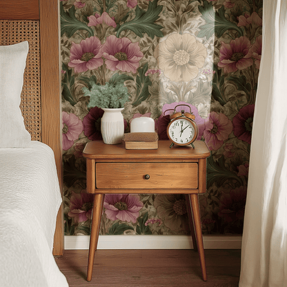 Neutral Floral Wallpaper installed on a room wall with Arts and Crafts poppy florals in soft magenta Victorian palette