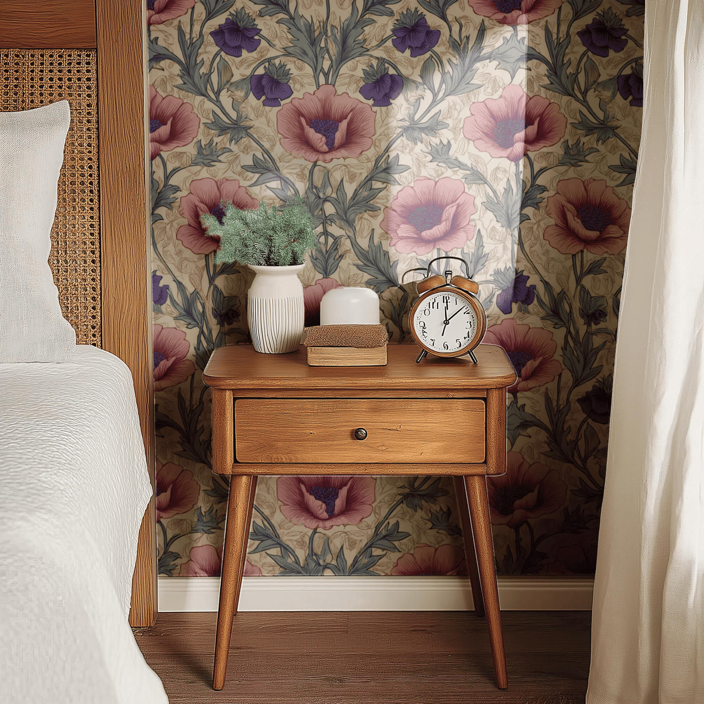 Cream Floral Wallpaper shown in a second interior with the rosaline anemones reading as gently traditional decoration