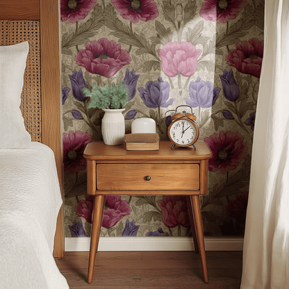 Cream Floral Wallpaper shown in a second interior with the rosy snakeshead reading as Morris-period traditional decoration