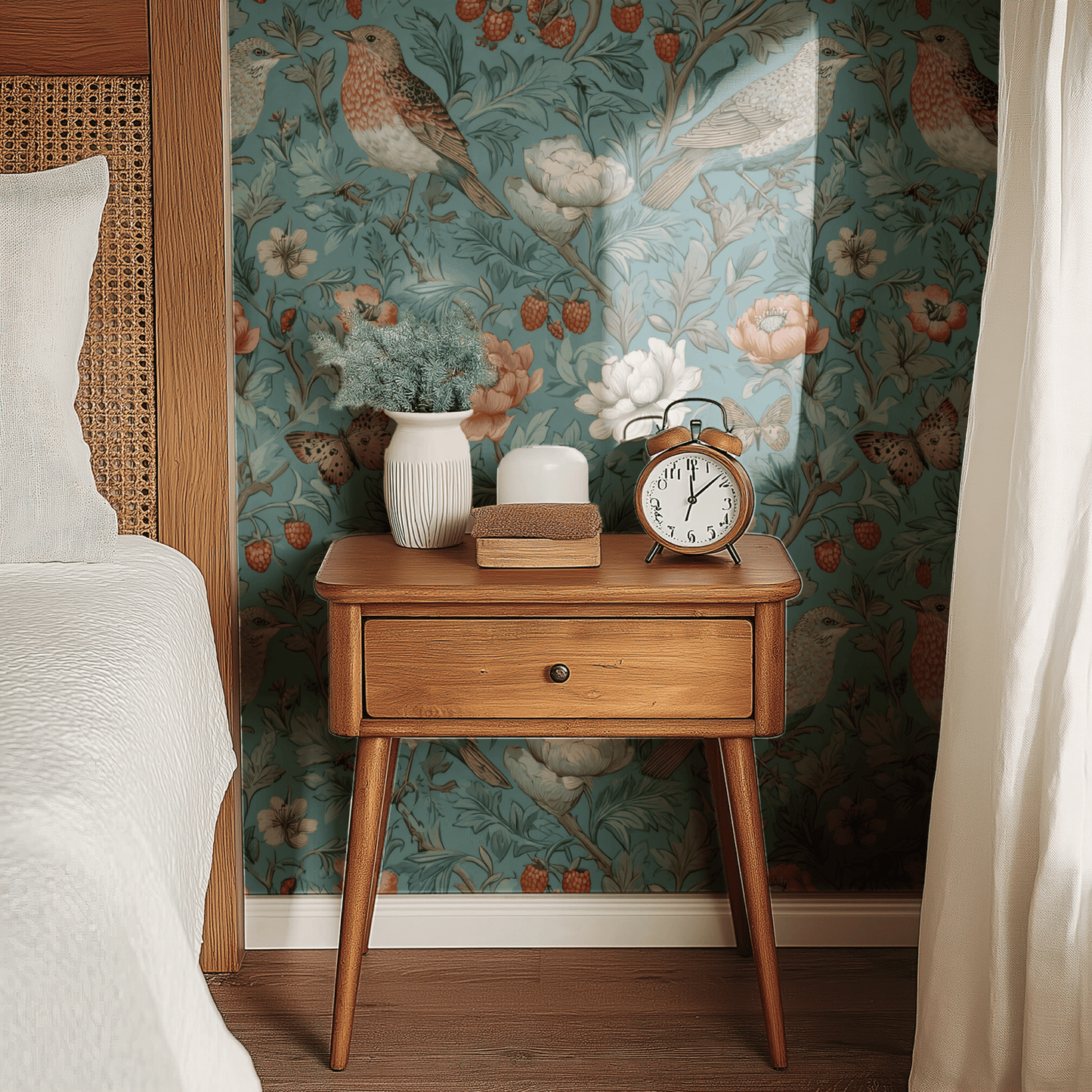 Green Floral Wallpaper shown in a second room with the vintage songbirds reading as gracefully traditional chinoiserie decoration