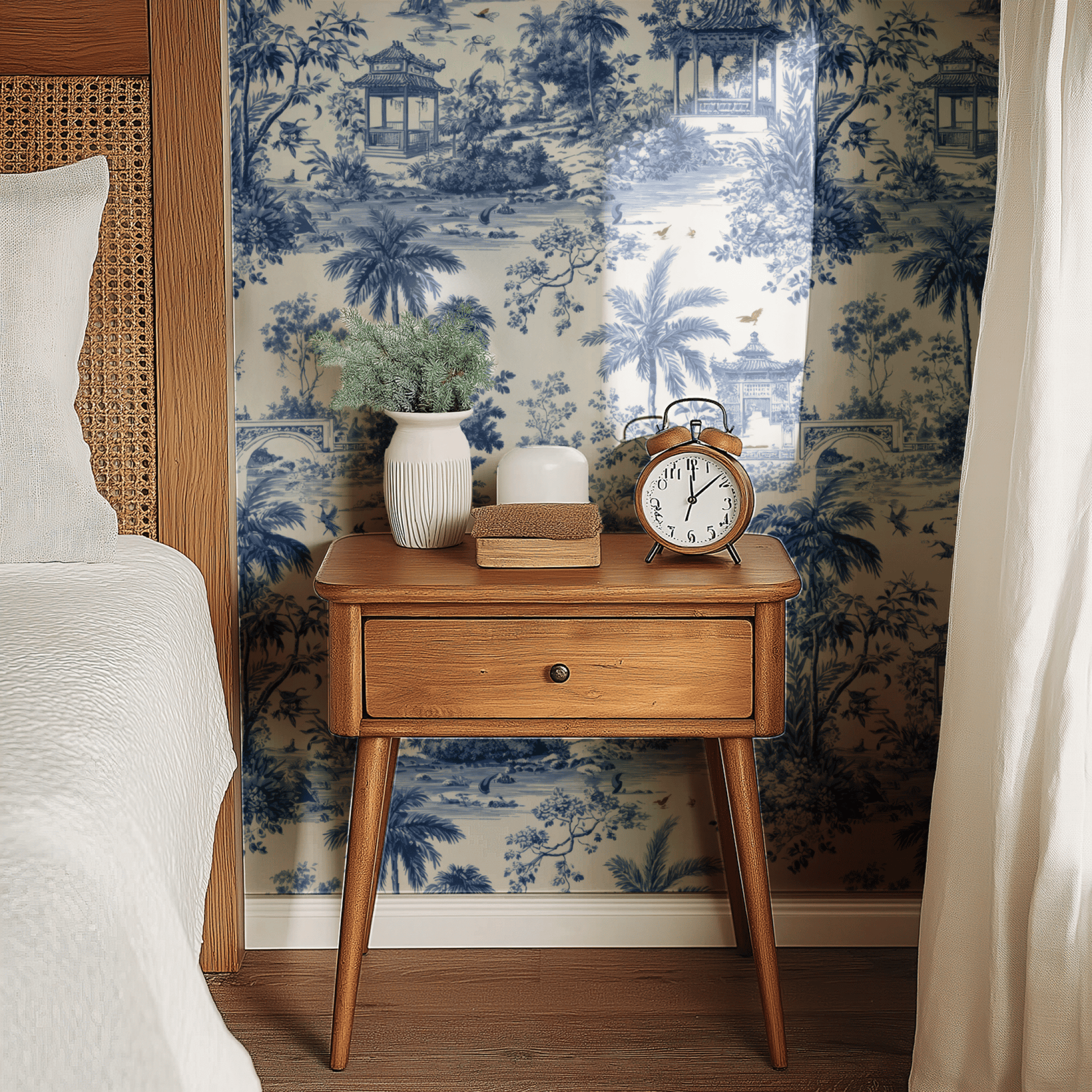 Blue Toile Wallpaper shown in a second interior with the blue-and-white toile reading as classically French-country-house traditional