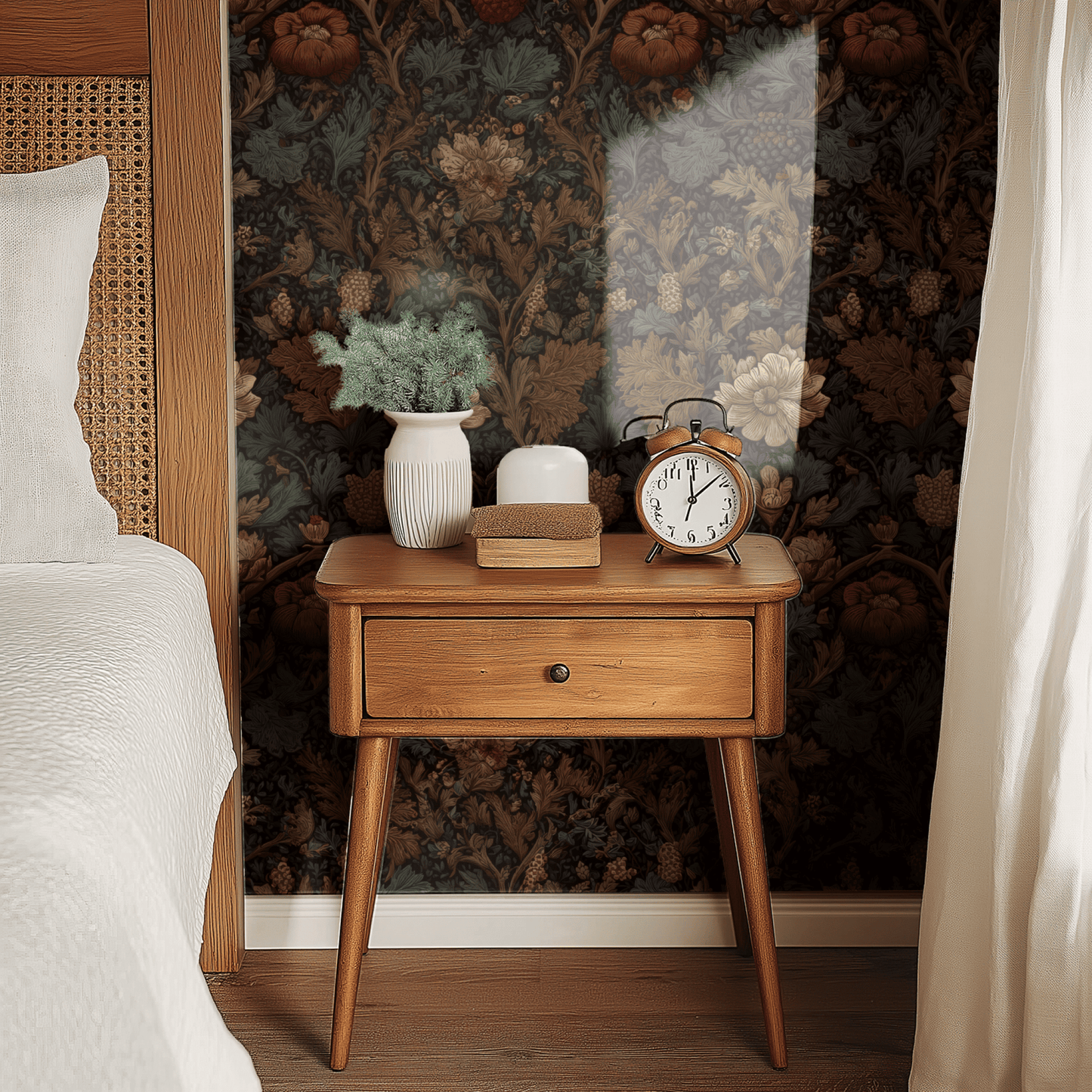 Green Floral Wallpaper shown in a second interior with the dark verdant botanicals reading as atmospheric library decoration
