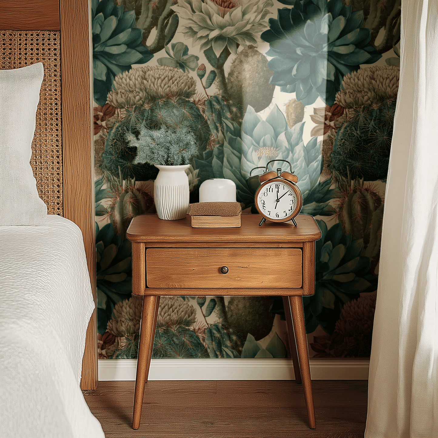 Green Botanical Wallpaper shown in a second interior with the succulent engraving reading as contemporary botanical-print decoration