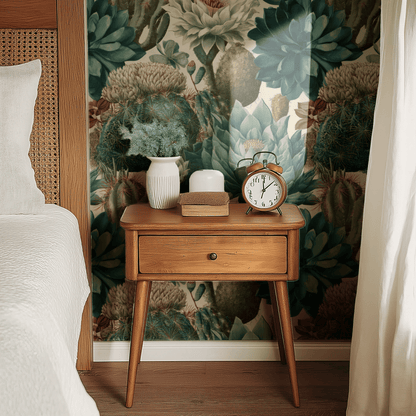 Green Botanical Wallpaper shown in a second interior with the succulent engraving reading as contemporary botanical-print decoration