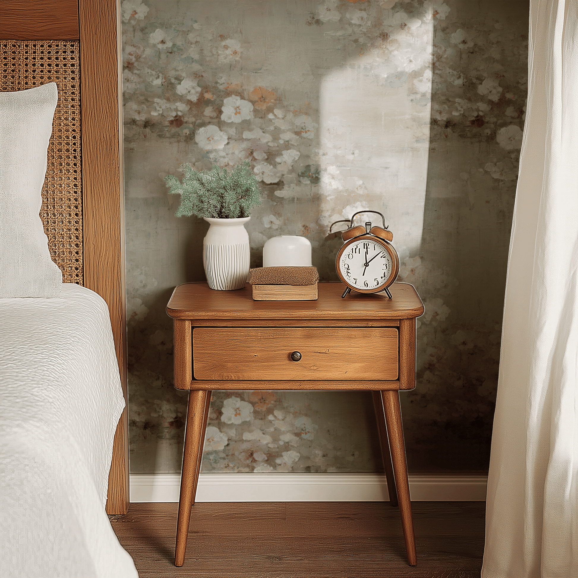 Neutral Floral Wallpaper shown in a second room with the cream blossoms reading as quietly soft and easy to integrate