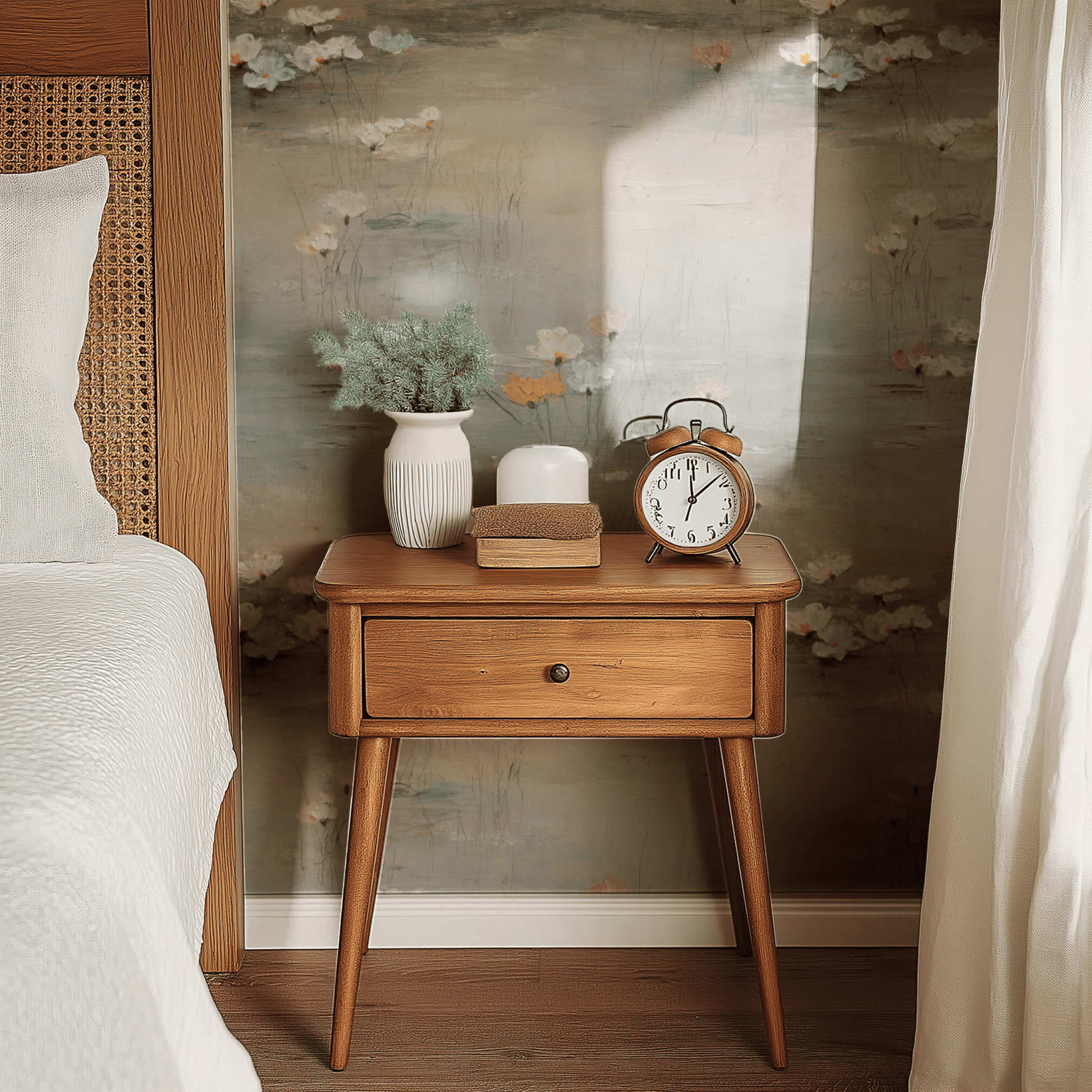 Neutral Floral Wallpaper shown in a second interior with the glistening petals reading as quietly soft luxurious decoration
