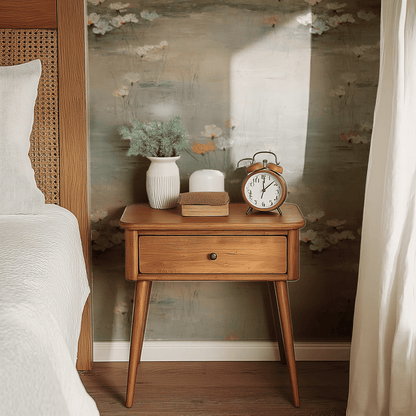 Neutral Floral Wallpaper shown in a second interior with the glistening petals reading as quietly soft luxurious decoration
